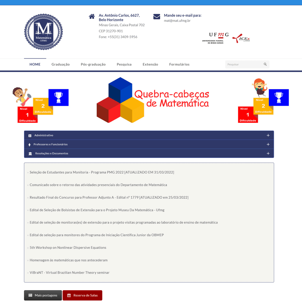 Página principal do site do Institudo de Matemática da UFMG